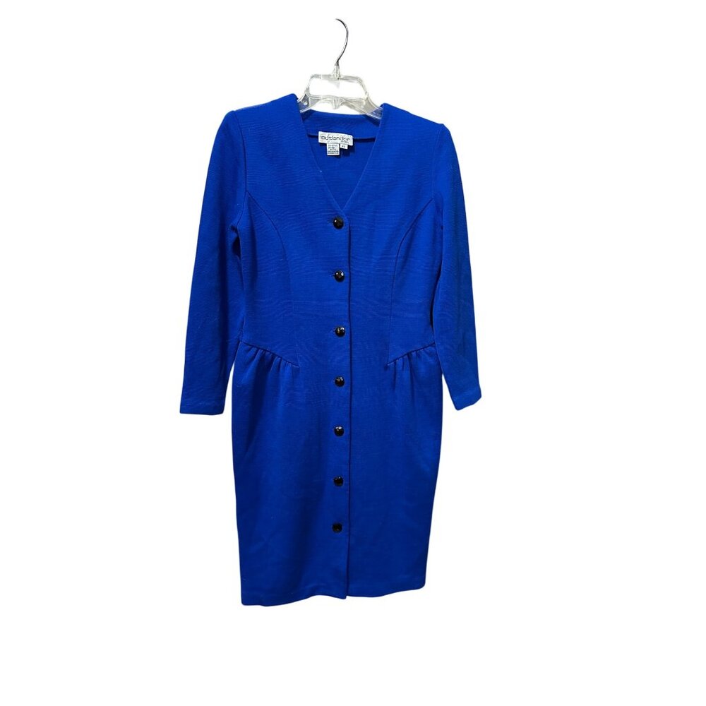 Vintage Outlander Royal Blue Wool Blend Midi Dress Button Up Gathered Waist PS
